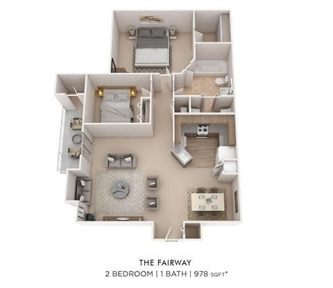 Floor plan for 2 beds, 1 bath, 978 sqft